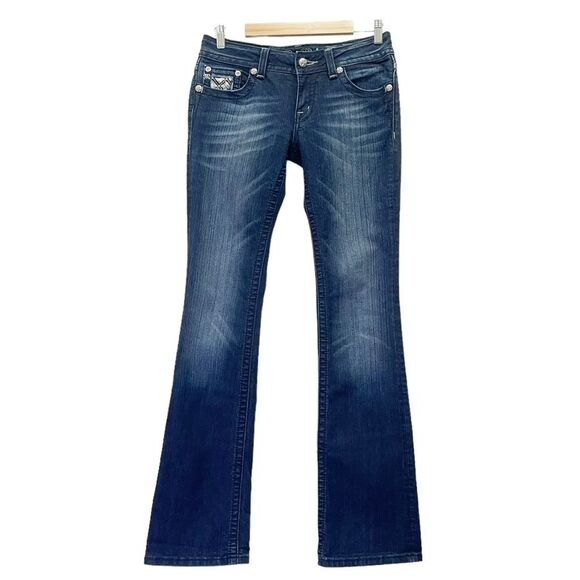Miss Me Y2K Jeans Women's Size 29 Bling Rhinestone Back Flap Bootcut Dark Wash - Picture 2 of 12